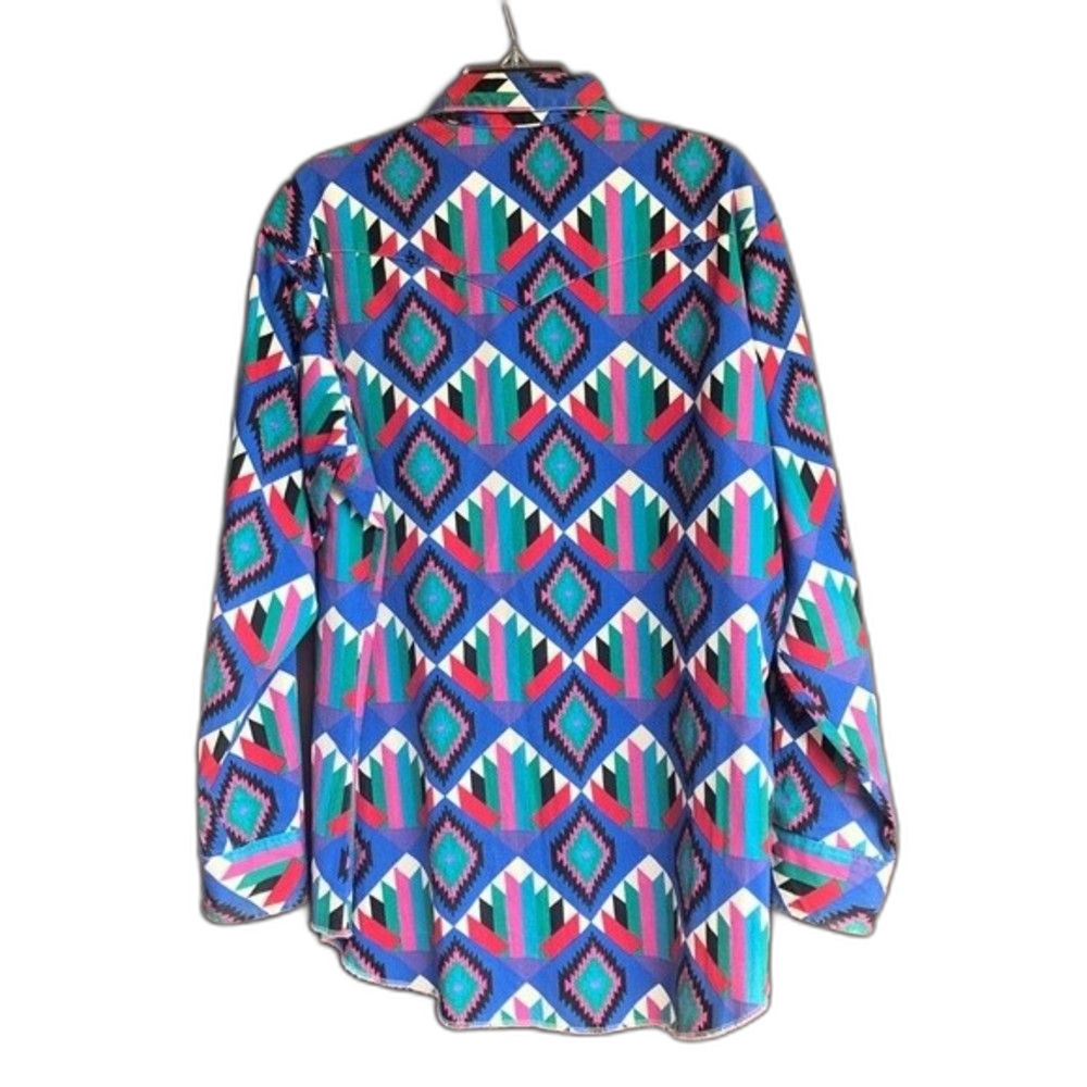 Vintage Wrangler Brushpopper Shirt Size 16.5-34 Aztec Print Cowboy Cut Western - Picture 2 of 4